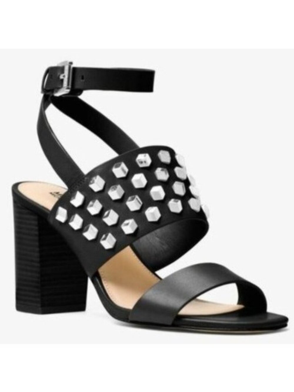 MICHAEL KORS Valencia Black Studded Leather Ankle Strap Chunky Heel Sandals 9.5 - Picture 2 of 7